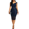 Off Shoulder V Neck Hollow Lace Midi Dress - Sabreeonline