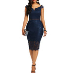 Off Shoulder V Neck Hollow Lace Midi Dress - Sabreeonline