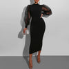 Mesh Puff Long Sleeve Bodycon Midi Dress Women High Neck Sexy Clubwear Split Pencil Black Slim Women Party Dress 2022 Robe - Sabreeonline