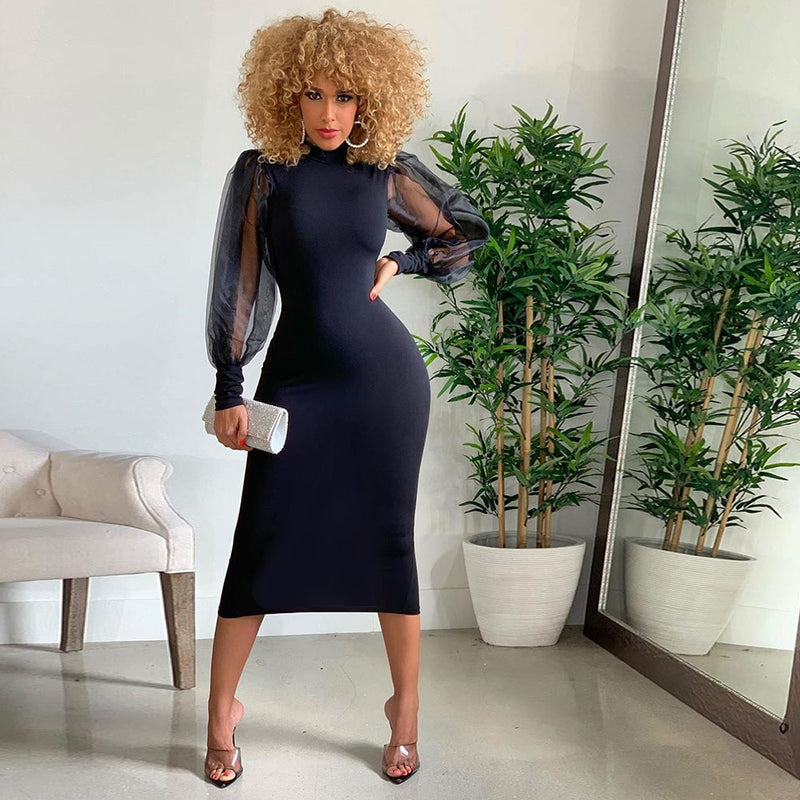 Mesh Puff Long Sleeve Bodycon Midi Dress Women High Neck Sexy Clubwear Split Pencil Black Slim Women Party Dress 2022 Robe - Sabreeonline