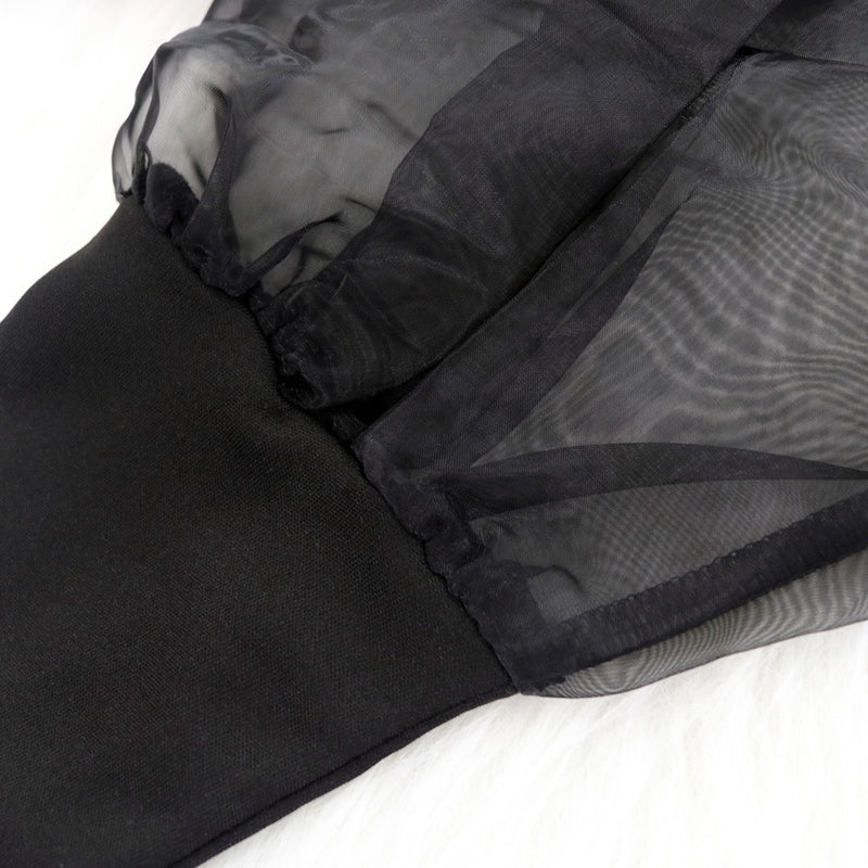 Mesh Puff Long Sleeve Bodycon Midi Dress Women High Neck Sexy Clubwear Split Pencil Black Slim Women Party Dress 2022 Robe - Sabreeonline