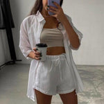 Casual Tracksuit Shorts Set Long Sleeve Shirt Tops and Mini Shorts Suit - Sabreeonline