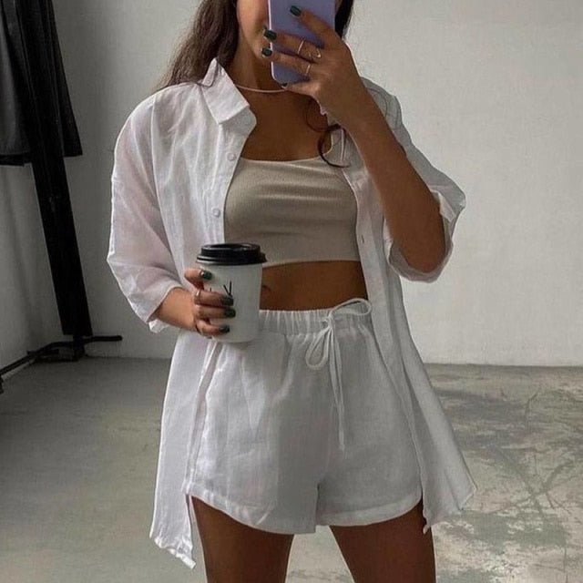 Casual Tracksuit Shorts Set Long Sleeve Shirt Tops and Mini Shorts Suit - Sabreeonline