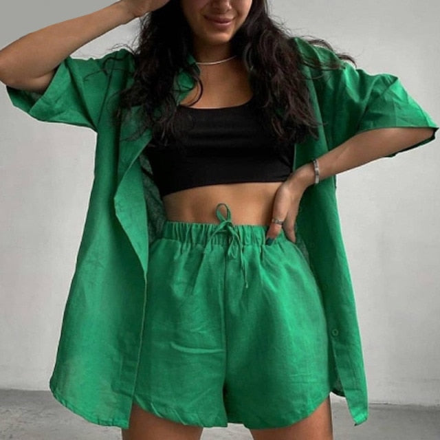 Casual Tracksuit Shorts Set Long Sleeve Shirt Tops and Mini Shorts Suit - Sabreeonline