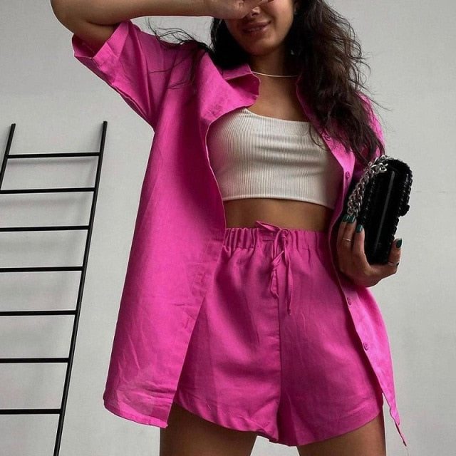 Casual Tracksuit Shorts Set Long Sleeve Shirt Tops and Mini Shorts Suit - Sabreeonline