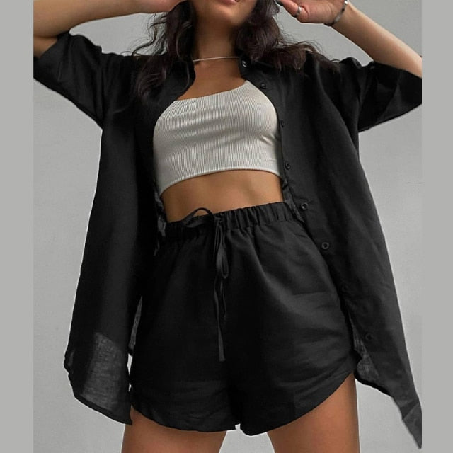 Casual Tracksuit Shorts Set Long Sleeve Shirt Tops and Mini Shorts Suit - Sabreeonline