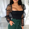 See-through Women Blouse Square Neck Polka Dot Puff Tube Long Sleeve Elastic Shirt - Sabreeonline