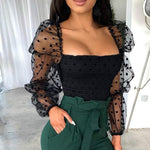 See-through Women Blouse Square Neck Polka Dot Puff Tube Long Sleeve Elastic Shirt - Sabreeonline