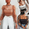 See-through Women Blouse Square Neck Polka Dot Puff Tube Long Sleeve Elastic Shirt - Sabreeonline