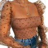 See-through Women Blouse Square Neck Polka Dot Puff Tube Long Sleeve Elastic Shirt - Sabreeonline