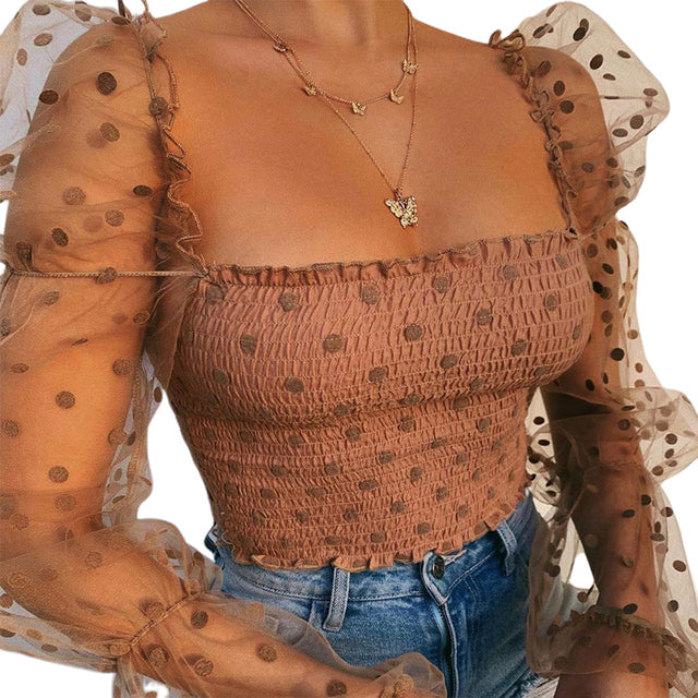See-through Women Blouse Square Neck Polka Dot Puff Tube Long Sleeve Elastic Shirt - Sabreeonline