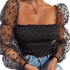 See-through Women Blouse Square Neck Polka Dot Puff Tube Long Sleeve Elastic Shirt - Sabreeonline