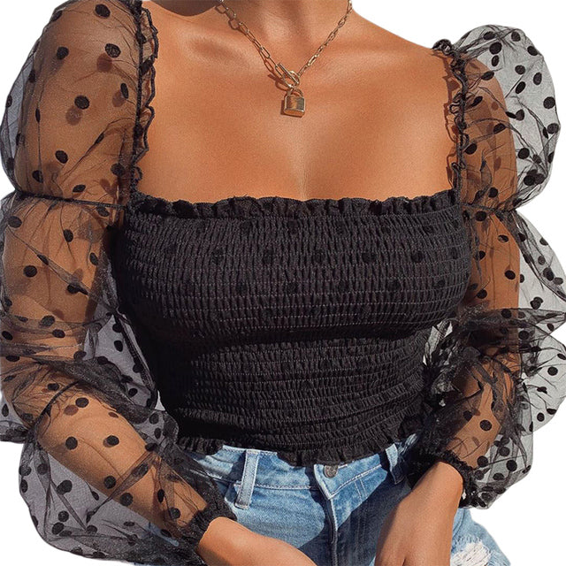 See-through Women Blouse Square Neck Polka Dot Puff Tube Long Sleeve Elastic Shirt - Sabreeonline