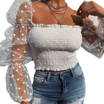 See-through Women Blouse Square Neck Polka Dot Puff Tube Long Sleeve Elastic Shirt - Sabreeonline