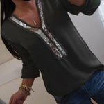 Long Sleeve Loose Blouse Casual V-Neck Sequined - Sabreeonline