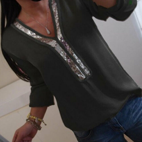 Long Sleeve Loose Blouse Casual V-Neck Sequined - Sabreeonline
