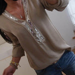 Long Sleeve Loose Blouse Casual V-Neck Sequined - Sabreeonline