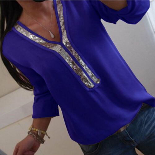 Long Sleeve Loose Blouse Casual V-Neck Sequined - Sabreeonline