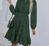 Green Women Autumn Print Ruffle Hem Midi Elegant Dress Boho - Sabreeonline