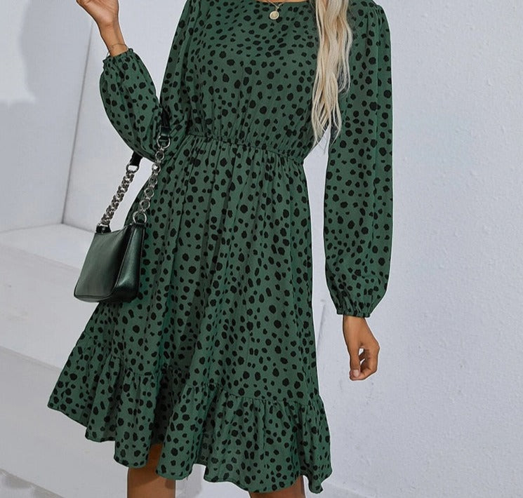 Green Women Autumn Print Ruffle Hem Midi Elegant Dress Boho - Sabreeonline