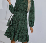 Green Women Autumn Print Ruffle Hem Midi Elegant Dress Boho - Sabreeonline