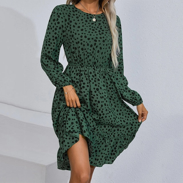 Green Women Autumn Print Ruffle Hem Midi Elegant Dress Boho - Sabreeonline