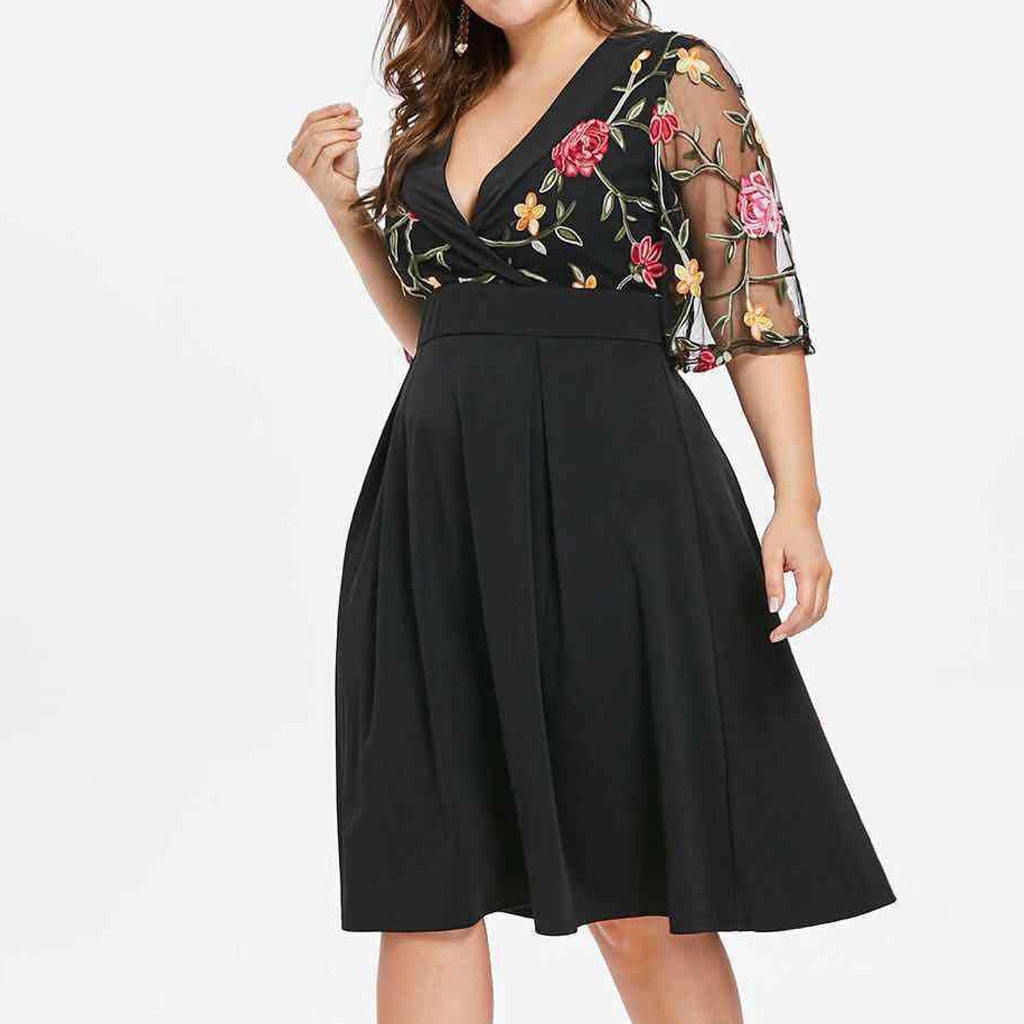 Casual Floral Short Sleeve V-neck Dress - Sabreeonline