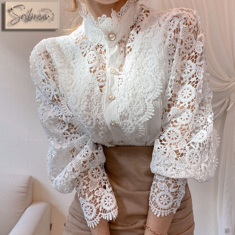 Petal Sleeve Stand Collar Hollow Out Flower Lace - Sabreeonline