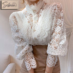 Petal Sleeve Stand Collar Hollow Out Flower Lace - Sabreeonline