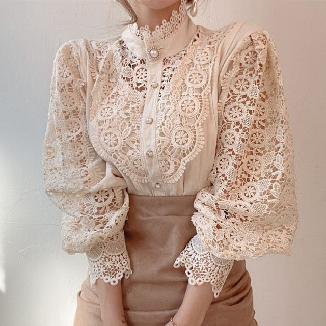 Petal Sleeve Stand Collar Hollow Out Flower Lace - Sabreeonline
