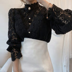 Petal Sleeve Stand Collar Hollow Out Flower Lace - Sabreeonline