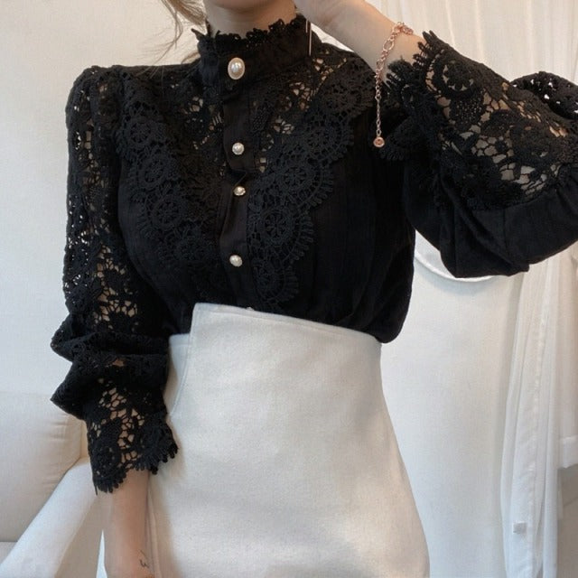 Petal Sleeve Stand Collar Hollow Out Flower Lace - Sabreeonline