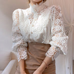Petal Sleeve Stand Collar Hollow Out Flower Lace - Sabreeonline