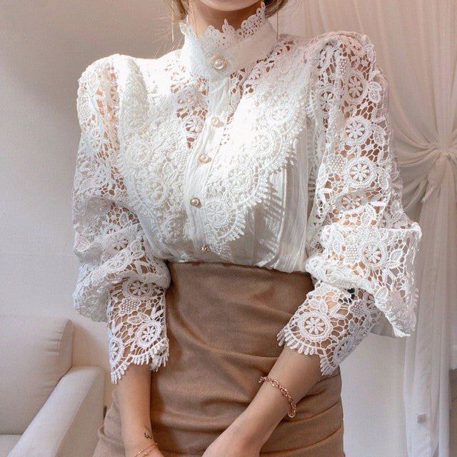 Petal Sleeve Stand Collar Hollow Out Flower Lace - Sabreeonline