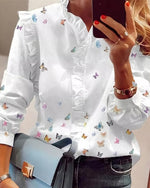 Women Elegant Fashion Butterfly Print Blouses Top Ruffled Trim  Casual Long Lace Sleeve Blouse - Sabreeonline