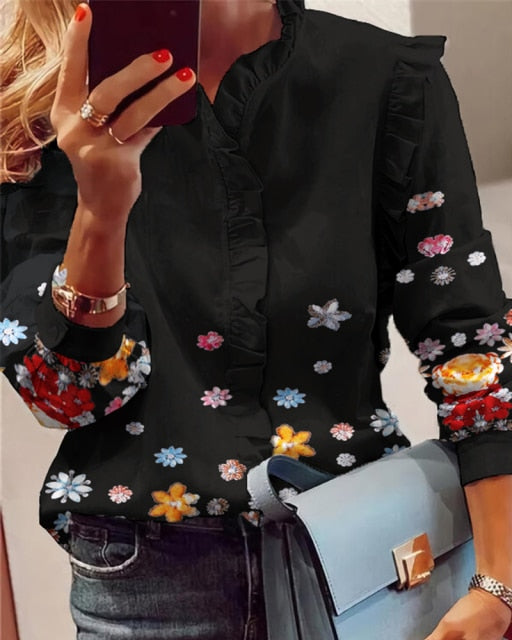 Women Elegant Fashion Butterfly Print Blouses Top Ruffled Trim  Casual Long Lace Sleeve Blouse - Sabreeonline