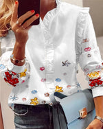 Women Elegant Fashion Butterfly Print Blouses Top Ruffled Trim  Casual Long Lace Sleeve Blouse - Sabreeonline