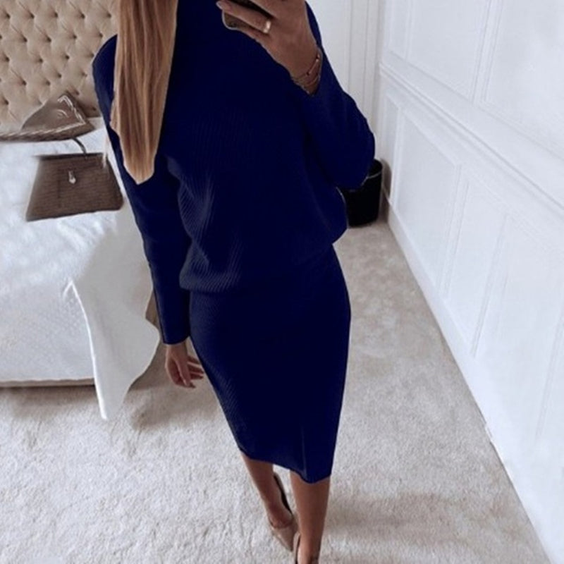 Autumn Knitting Costume Turtleneck Solid Color Pullover Sweater + Slim Skirt - Sabreeonline