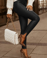 Women Sexy Studded Design High Waist Lace-up Skinny PU Pants - Sabreeonline