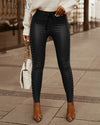 Women Sexy Studded Design High Waist Lace-up Skinny PU Pants - Sabreeonline