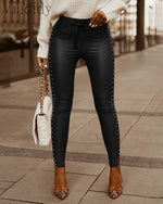 Women Sexy Studded Design High Waist Lace-up Skinny PU Pants - Sabreeonline
