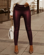 Women Sexy Studded Design High Waist Lace-up Skinny PU Pants - Sabreeonline
