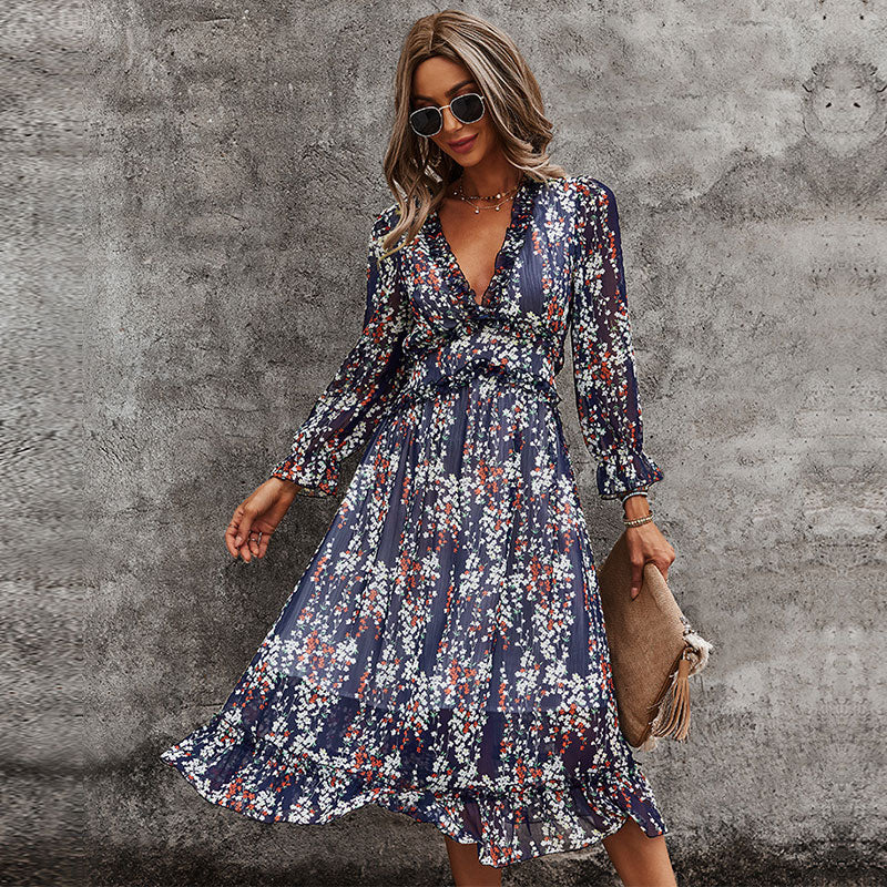Sexy V Neck Floral Dress Ladies 2022 New Butterfly Sleeve High Waist Casual Print Dresses For Women Summer Chiffon Dress - Sabreeonline