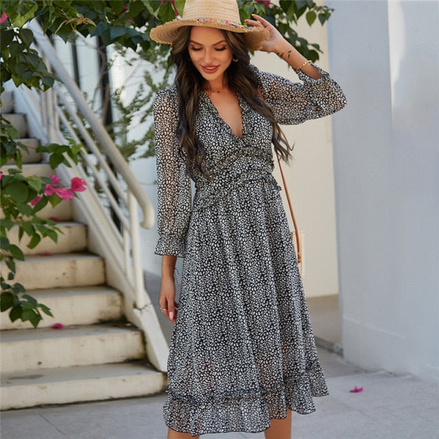 Sexy V Neck Floral Dress Ladies 2022 New Butterfly Sleeve High Waist Casual Print Dresses For Women Summer Chiffon Dress - Sabreeonline