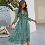 Sexy V Neck Floral Dress Ladies 2022 New Butterfly Sleeve High Waist Casual Print Dresses For Women Summer Chiffon Dress - Sabreeonline