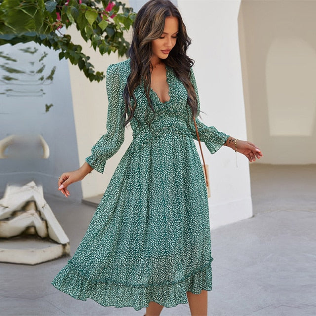 Sexy V Neck Floral Dress Ladies 2022 New Butterfly Sleeve High Waist Casual Print Dresses For Women Summer Chiffon Dress - Sabreeonline