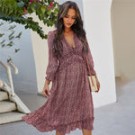 Sexy V Neck Floral Dress Ladies 2022 New Butterfly Sleeve High Waist Casual Print Dresses For Women Summer Chiffon Dress - Sabreeonline