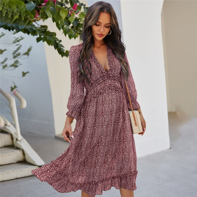 Sexy V Neck Floral Dress Ladies 2022 New Butterfly Sleeve High Waist Casual Print Dresses For Women Summer Chiffon Dress - Sabreeonline