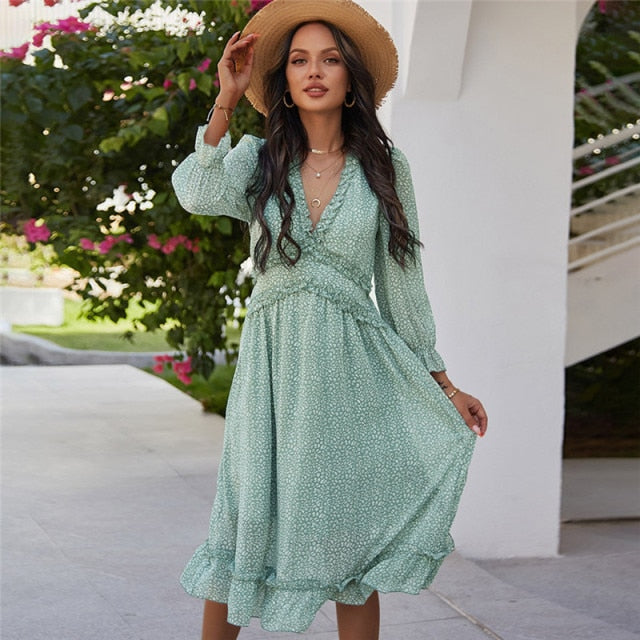 Sexy V Neck Floral Dress Ladies 2022 New Butterfly Sleeve High Waist Casual Print Dresses For Women Summer Chiffon Dress - Sabreeonline