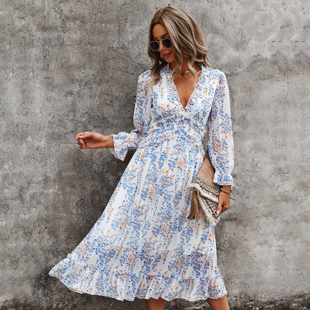 Sexy V Neck Floral Dress Ladies 2022 New Butterfly Sleeve High Waist Casual Print Dresses For Women Summer Chiffon Dress - Sabreeonline